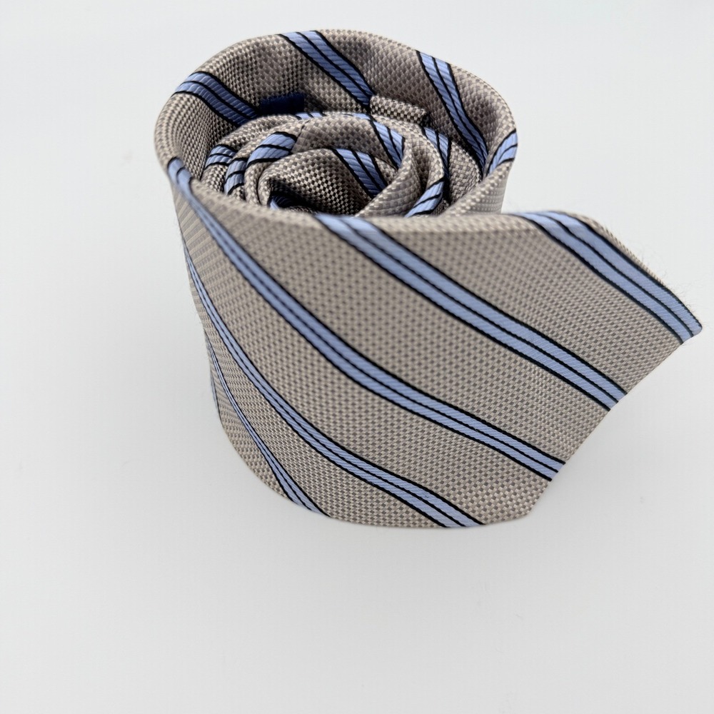 Henry Jacobson Mens Silk Tie Tan Blue Striped Basketweave Professional‎ Business